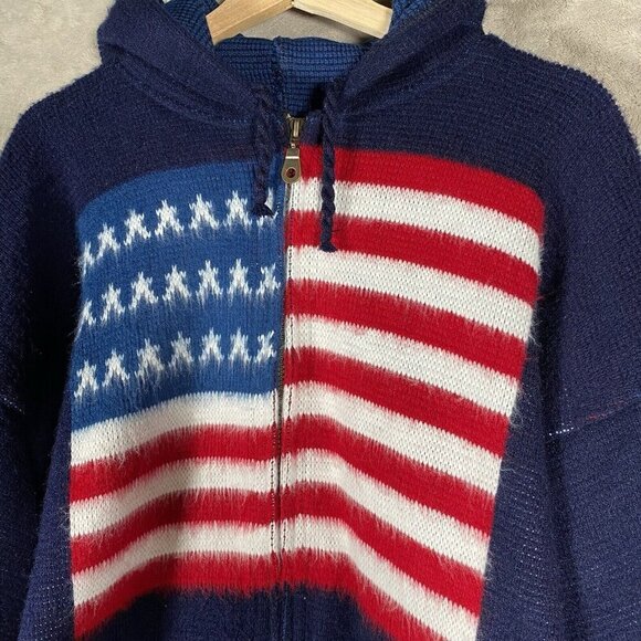 VTG Ruminahui Wool Hooded Sweater XL Full Zip American Flag USA Fuzzy Jacket - Picture 3 of 13